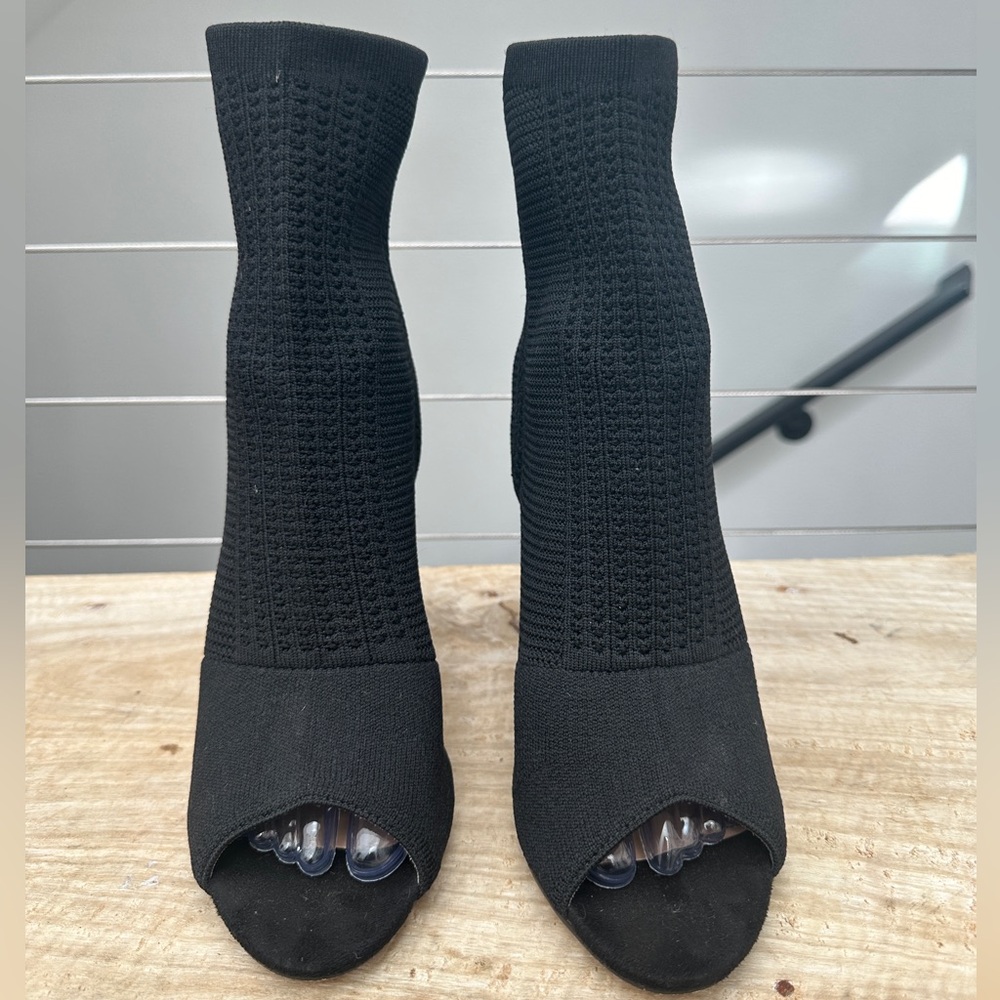 Nicole Miller Black Knit Peep Toe Sock Booties Stiletto Heel | Size 9 - Picture 3 of 7